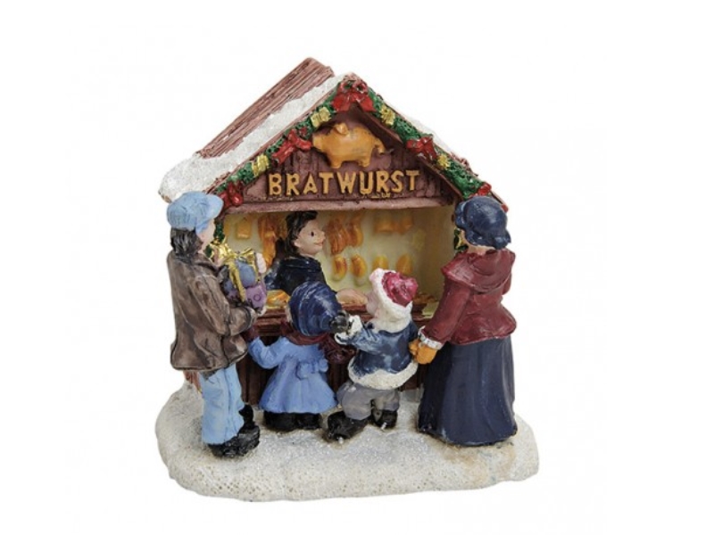 Weihnachtliche Miniatur-Figuren Winterwelt-Szene aus Poly – Marktstand Wurststan