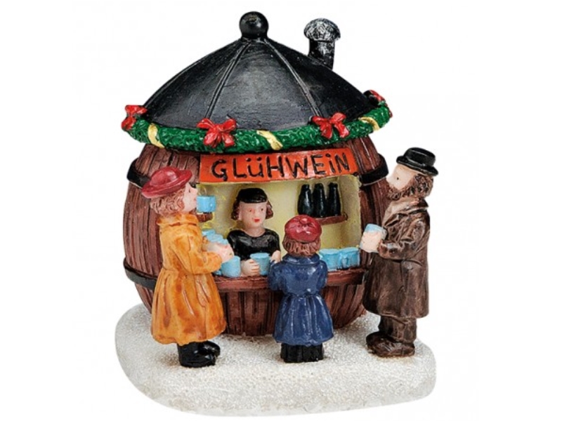Weihnachtliche Miniatur-Figuren Winterwelt-Szene aus Poly - Marktstand Fass-Glüh