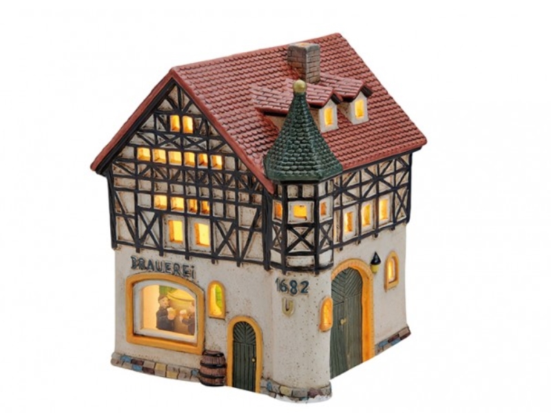 Alte Brauerei Fachwerkhaus aus Porzellan – Windlicht Lichthaus Miniatur-Modell –