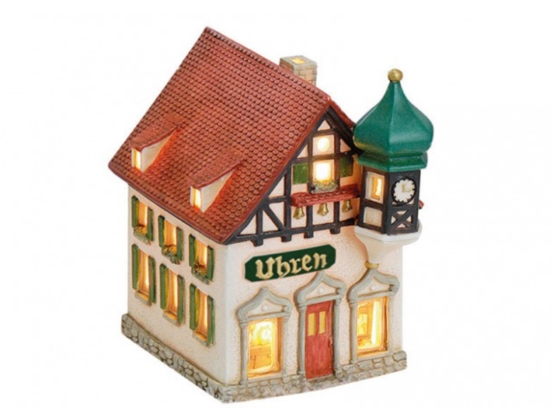Uhrengeschäft Fachwerkhaus aus Porzellan – Windlicht Lichthaus Miniatur-Modell –