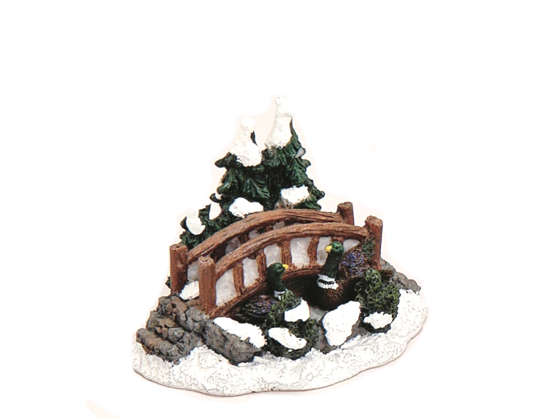 Weihnachtliche Miniatur-Figuren Winterwelt-Szene aus Poly – Brücke mit Enten B8