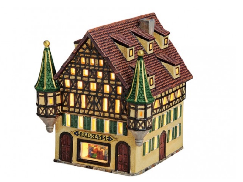 Sparkasse Fachwerkhaus aus Porzellan – Windlicht Lichthaus Miniatur-Modell – B16