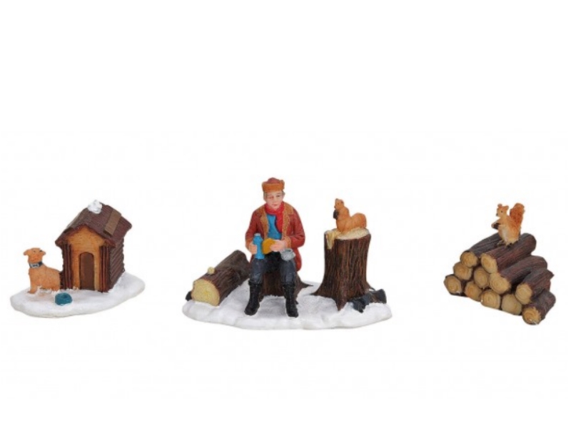 Weihnachtliche Miniatur-Figuren Winterwelt-Szene aus Poly – 3 teiliges Holzfälle