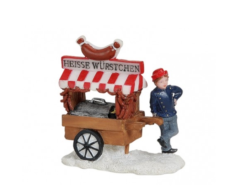 Weihnachtliche Miniatur-Figuren Winterwelt-Szene aus Poly – Marktstand Würstchen