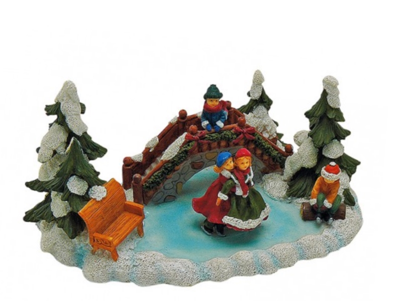 Weihnachtliche Miniatur-Figuren Winterwelt-Szene aus Poly – See mit Brücke und E