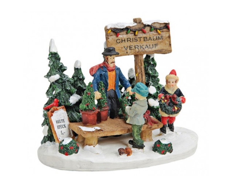 Weihnachtliche Miniatur-Figuren Winterwelt-Szene aus Poly – Marktstand Christbau