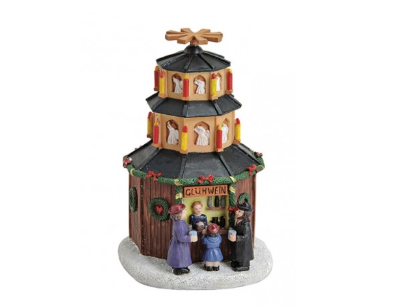 Weihnachtliche Miniatur-Figuren Winterwelt-Szene aus Poly – Marktstand Pyramide