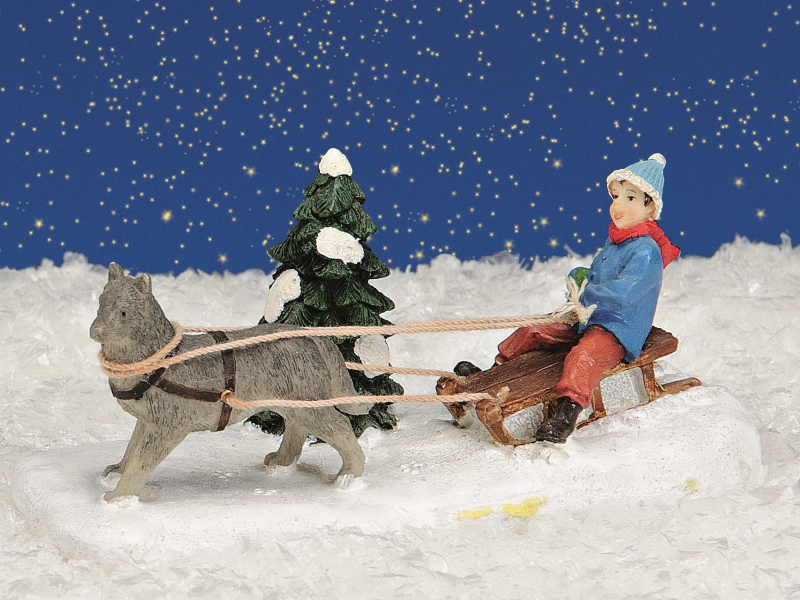 Weihnachtliche Miniatur-Figuren Winterwelt-Szene aus Poly - Kind mit Hund auf Sc