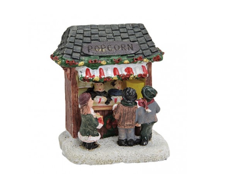 Weihnachtliche Miniatur-Figuren Winterwelt-Szene aus Poly – Marktstand Popcorn-S
