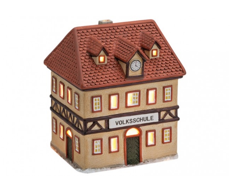 Volksschule aus Porzellan – Windlicht Lichthaus Miniatur-Modell – B10 x T9 x H13