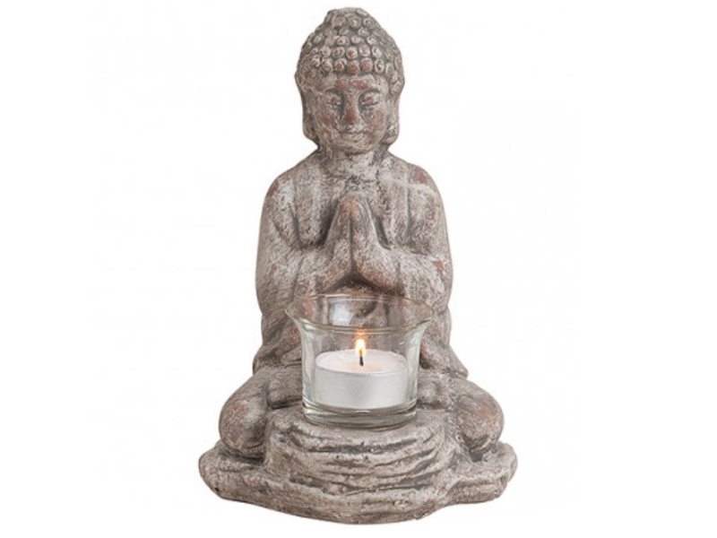 Teelichthalter Buddha Deko-Figur aus Keramik – antik grau B13 x T12 x H19 cm
