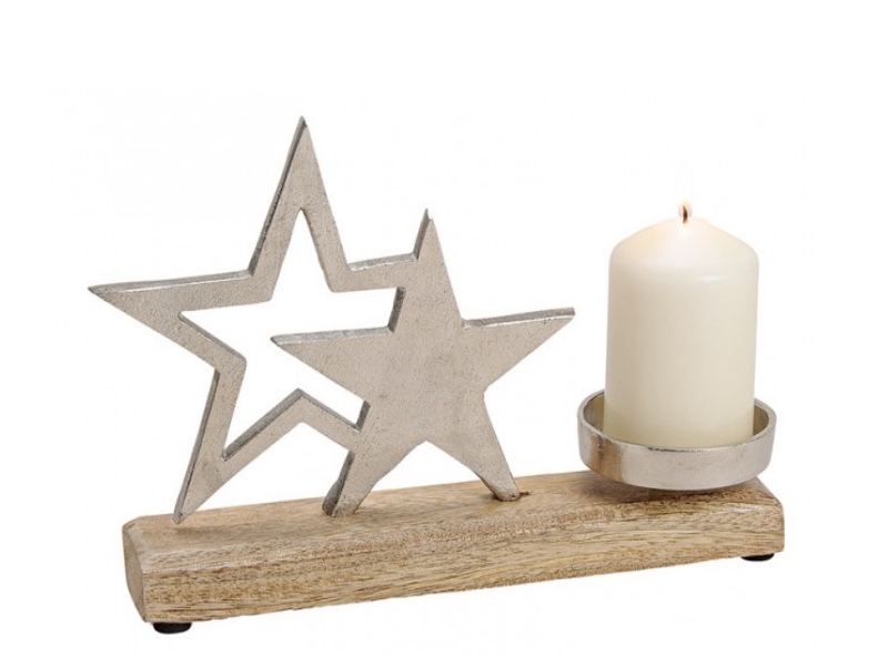 Kerzenhalter für Stumpenkerze aus Metall und Mango Holz im Sterne Dekor Silber B