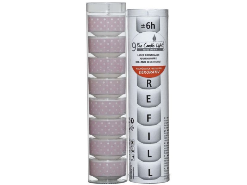 ECO CANDLE LIGHTS – Kombipack „DOTS rosa“ 8x Hüllen mit Teelicht + 9x Nachfüller