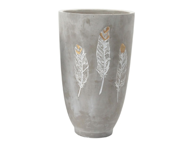 Vase mit Federn aus Zement grau weiss – Ø 16cm x Höhe 26cm
