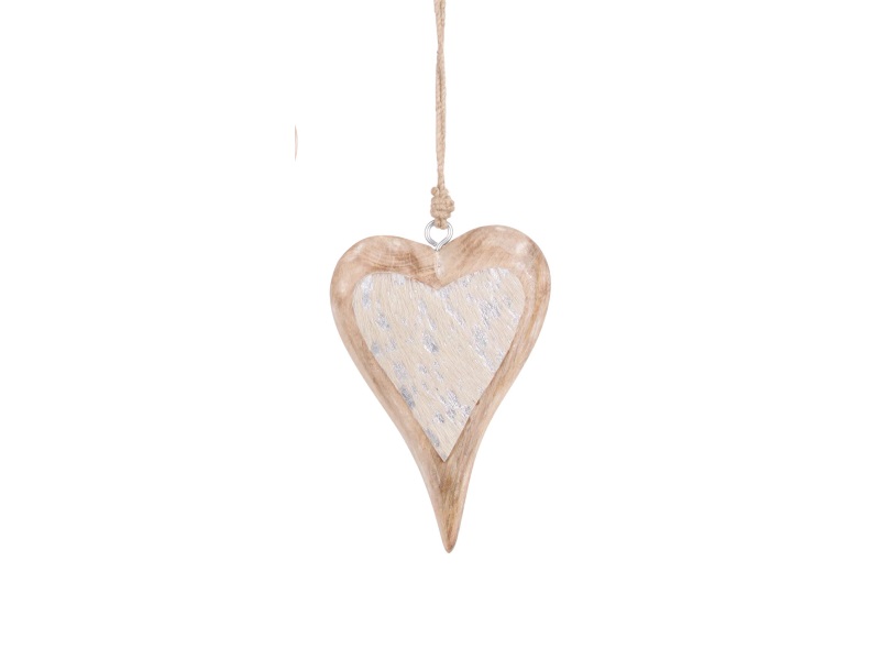 Hängeschmuck – Herz aus Holz mit Fell natur – B 10cm x T 3cm x H 14cm
