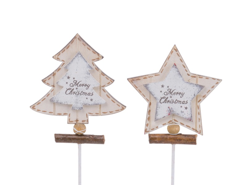 6 Dekostecker „Merry Christmas“ Baum Stern am Stab weiss-braun Ø8cmxH9/29cm