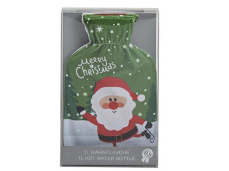 Wärmflasche mit „Weihnachtsmann“ Wintermotiv Flies Bezug Grün 1 Liter b16xt26cm