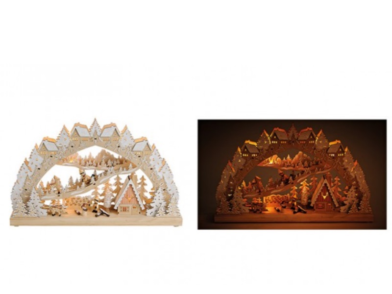 Lichterbogen Hütte im Winterwald aus Holz mit Glitter und LED beleuchtung 45x28x