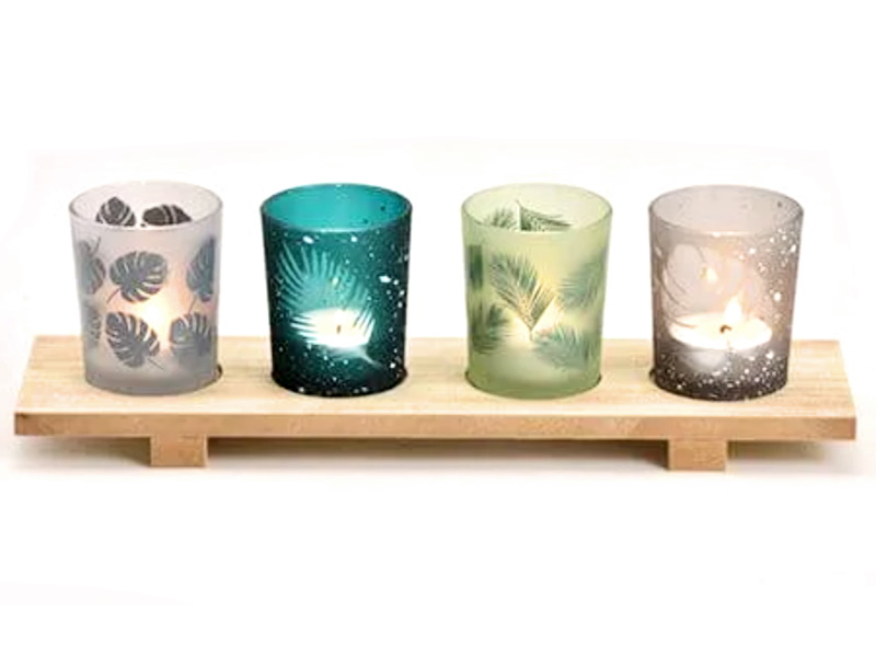 5tlg. Deko-Set Windlichter im Blatt Dekor aus Glas mit Tablett aus Bambus (Bunt) B30cm x H10cm x T8cm
