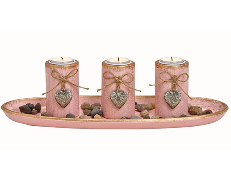 3 Teelichthalter mit Herz Deko-Set auf Tablett aus Holz mit Steinen (Rosa) B39 x H12cm x T15cm