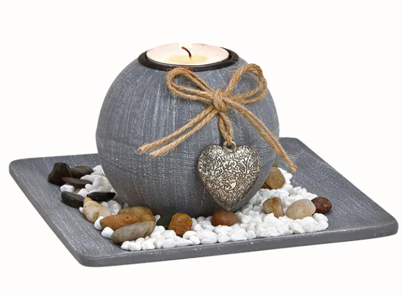 Teelichthalter Deko-Set auf Tablett aus Holz mit Steinen (Grau) B15cm x H9cm x T15cm