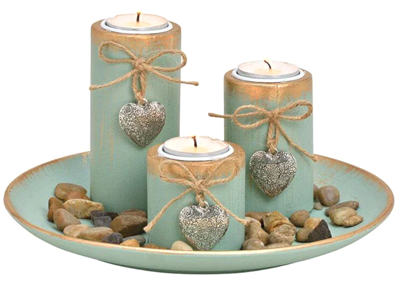 3 Teelichthalter mit Herz Deko-Set auf Tablett aus Holz mit Steinen (Grün) D25cm x H13cm