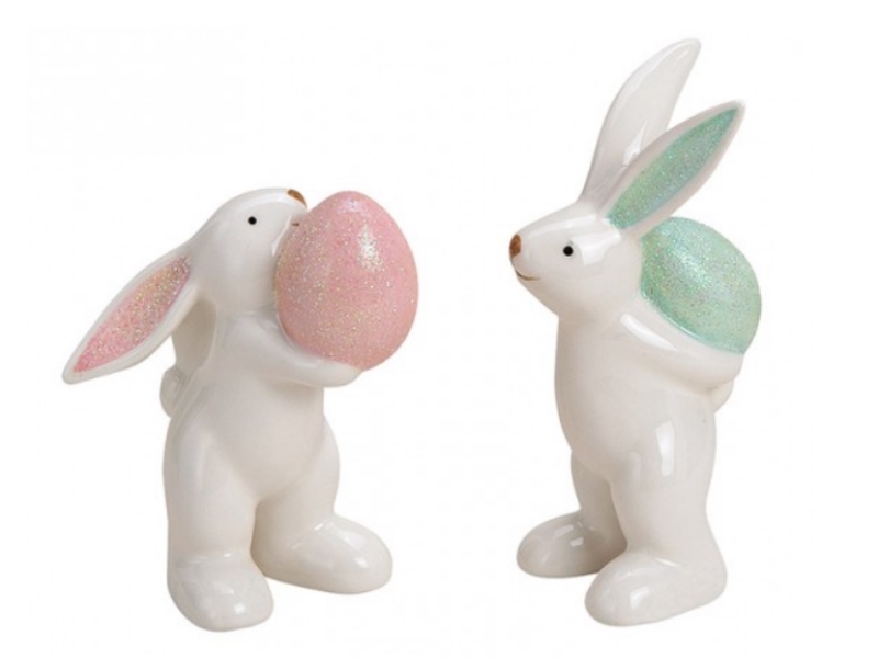 2er-Set Deko Figuren – Hasen mit Glitter Osterei aus Keramik ( weiss rosa grün )
