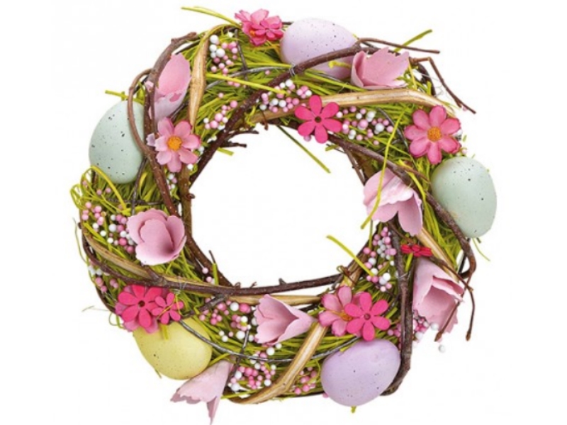 Osterkranz aus Rattan mit künstlichen Blumendekor und Eiern ( bunt ) Ø 24cm x Br