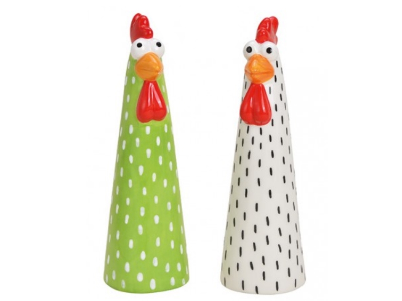 2er-Set Deko Figuren – Lustige Hühner aus Keramik 2-fach sortiert ( grün weiss )
