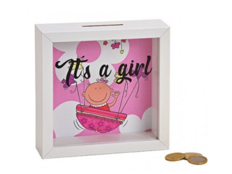 Spardose Bilderrahmen Babykasse „ Its a girl „ aus Holz und Glas ( pink rosa ) B