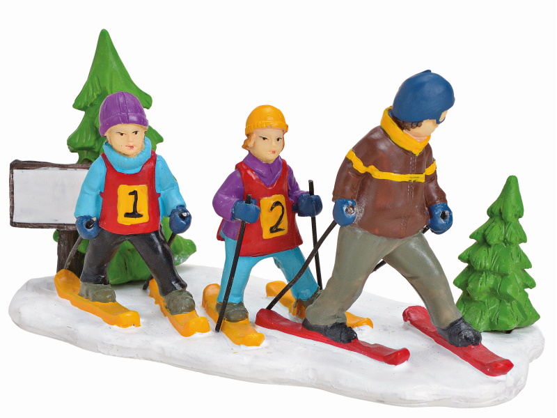Miniatur Lichthaus Figur "Ski Langlauf Gruppe" aus Poly (bunt) H6cm