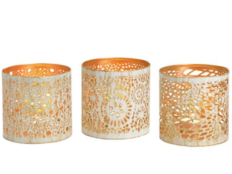 3 Windlichter aus Metall mit Ornamenten (weiss- gold) Ø10 x H11 cm