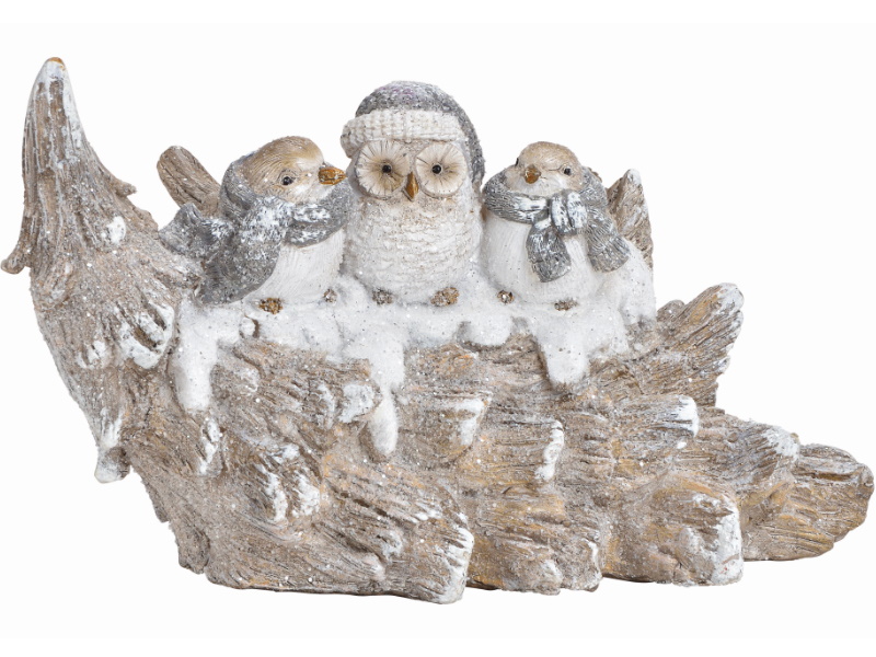 Figur Wintervögel auf Baumstamm aus Poly (braun-weiss) B27cm