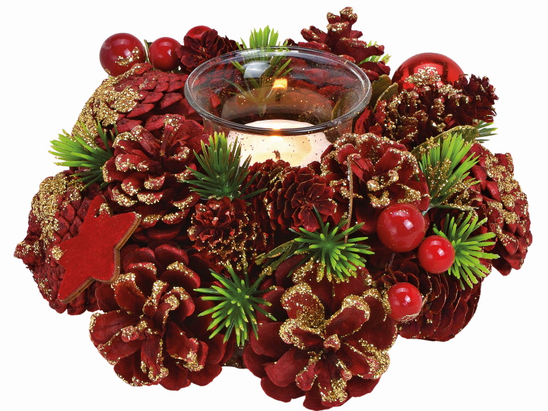 Weihnachtsgesteck mit Windlicht für Teelicht (rot-gold) Ø20 x H9cm