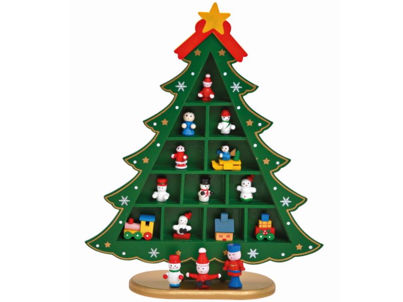 Aufsteller Weihnachtsbaum geschmückt aus Holz mit 3 Figuren (grün) H29 cm