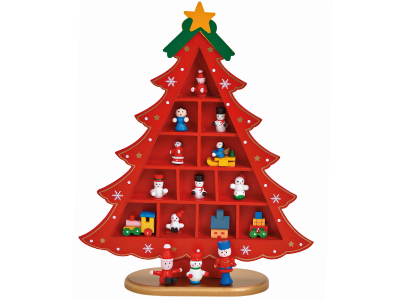 Aufsteller Weihnachtsbaum geschmückt aus Holz mit 3 Figuren (rot) H29 cm