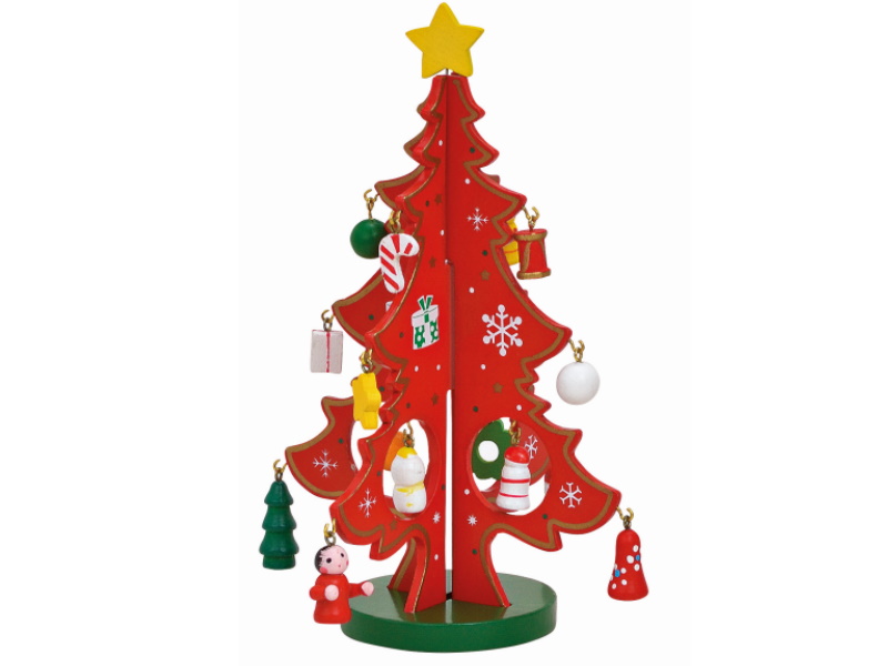 Aufsteller Weihnachtsbaum aus Holz mit 14 Anhänger (rot) Höhe 15 cm