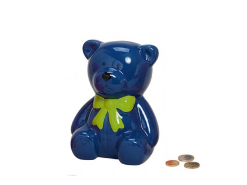 Spardose „Bär mit Schleife“ aus Keramik mit Schloss blau Höhe 20cm