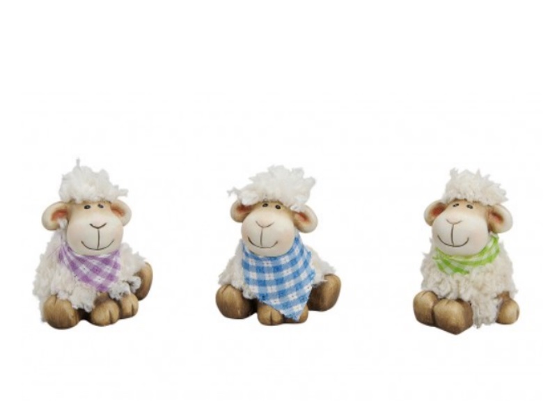 3er Set Deko Figur „happy sheep“ mit Tuch - Kunstfaserfell aus Ton Höhe 7cm