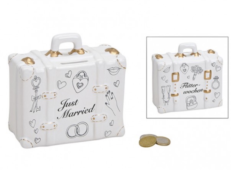 Spardose zur Hochzeit Koffer „Just Married“ aus Keramik weiß B14xH13xT6cm