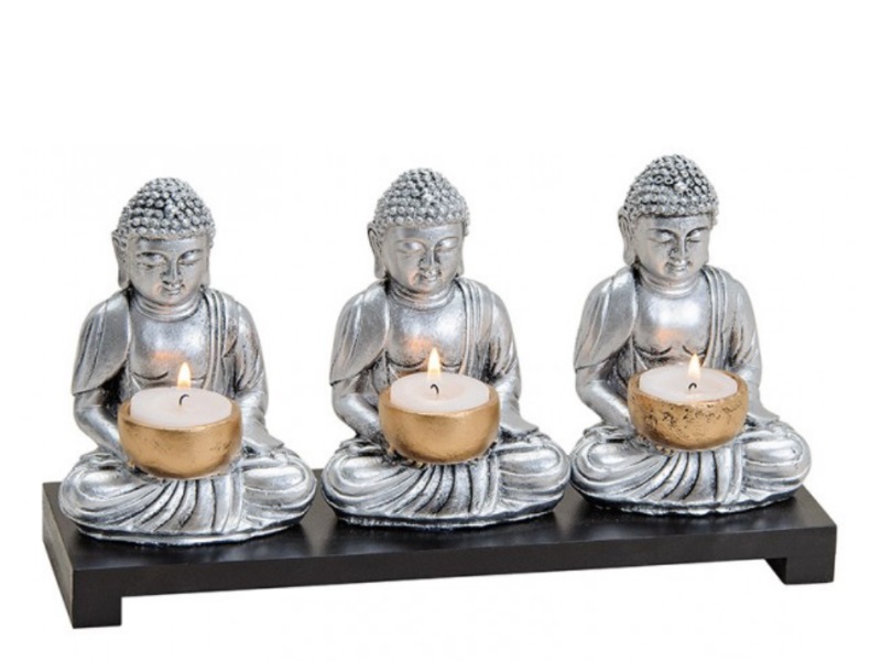 Teelichthalter 3er Buddha aus Poly/Holz silber/schwarz B30xH15xT9cm