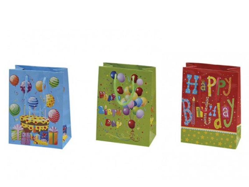 6 Geschenktüten mit Henkel „Happy Birthday“ 3fach sortiert bunt B11xH16xT6cm