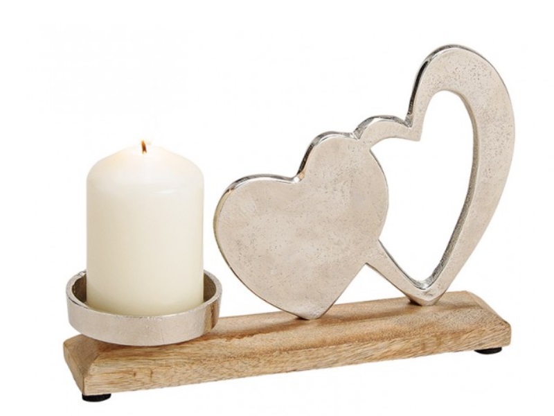 Kerzenhalter Herzen aus Metall und Mango Holz silber/braun B23xH16xT5cm