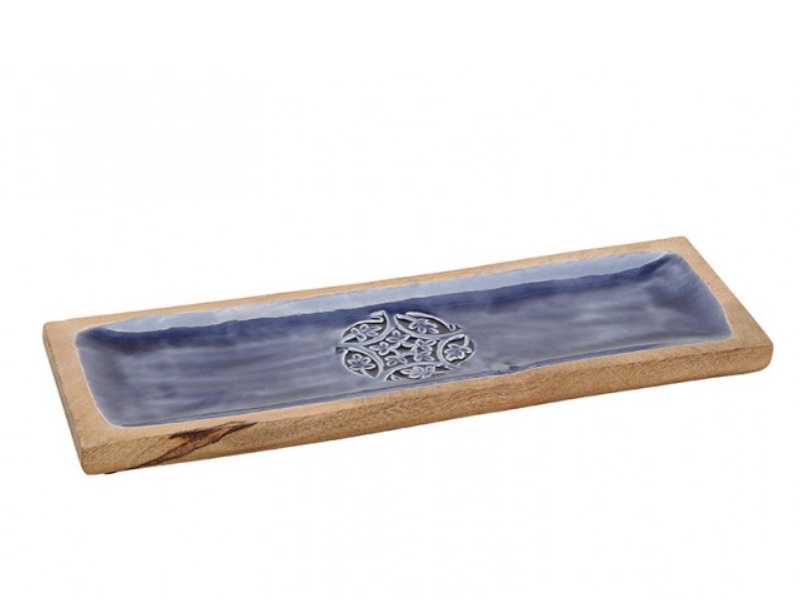 Deko-Schale aus Mango Holz und Emaille mit Ornament braun/blau B46xH3xT14cm