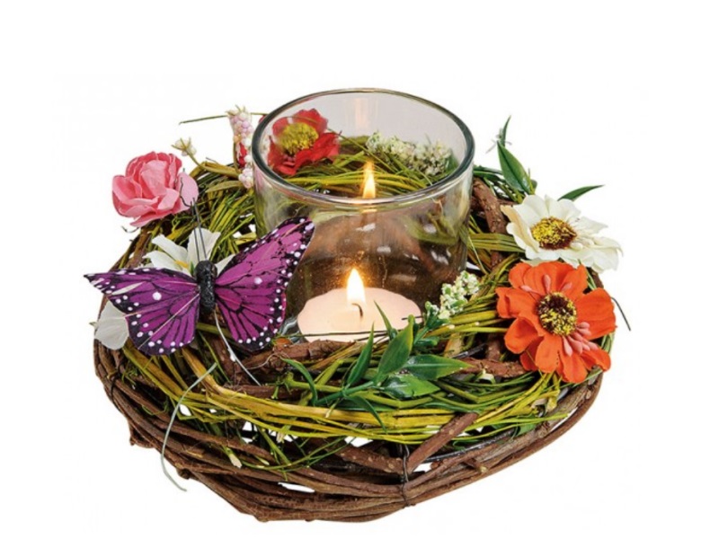 Windlicht Gesteck Kranz mit Blüten und Schmetterling – Holz und Kunststoff Ø15xH
