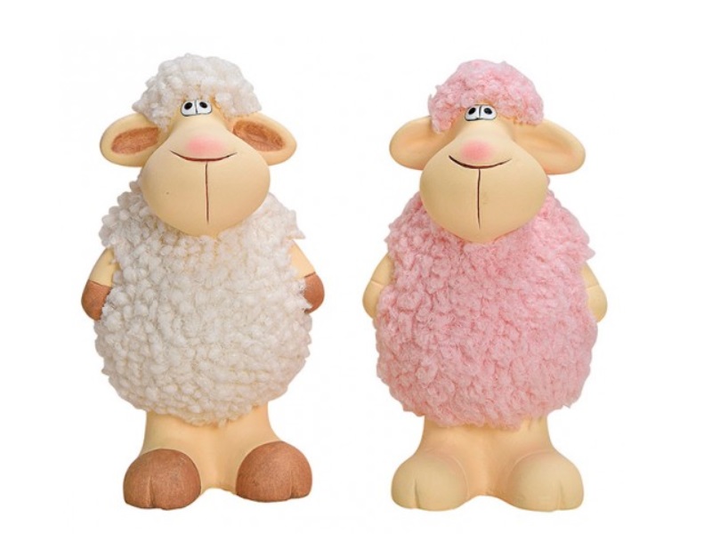 2er Set Deko Figur süße Schafe mit Kunstfaserfell aus Ton weiß/pink B10xH17xT8cm