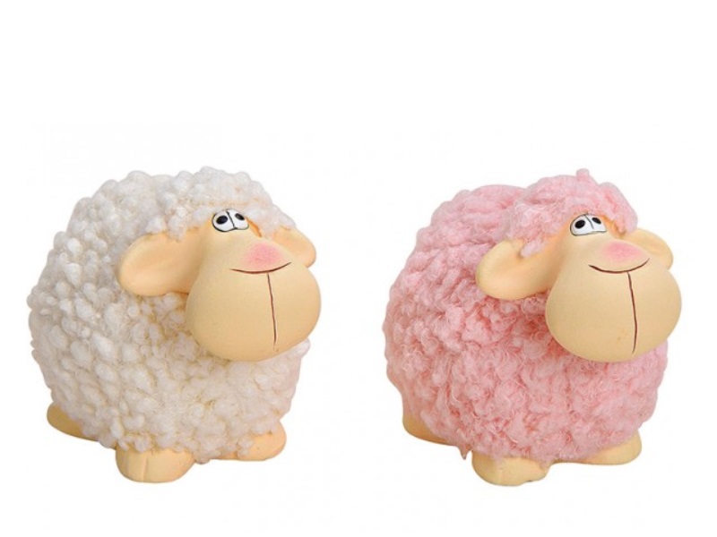 2er Set Deko Figur süße Schafe mit Kunstfaserfell aus Ton weiß/pink B11xH8xT7cm