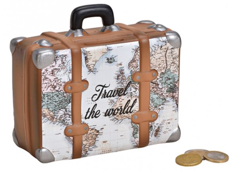 Spardose „Koffer“ Reisekasse Urlaubskasse“ aus Keramik beige B14xH13xT6cm