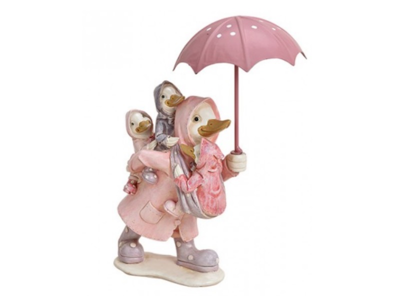 Deko Figur Entenmutter mit Küken und Regenschirm aus Poly/Metall rosa B10xH15xT6
