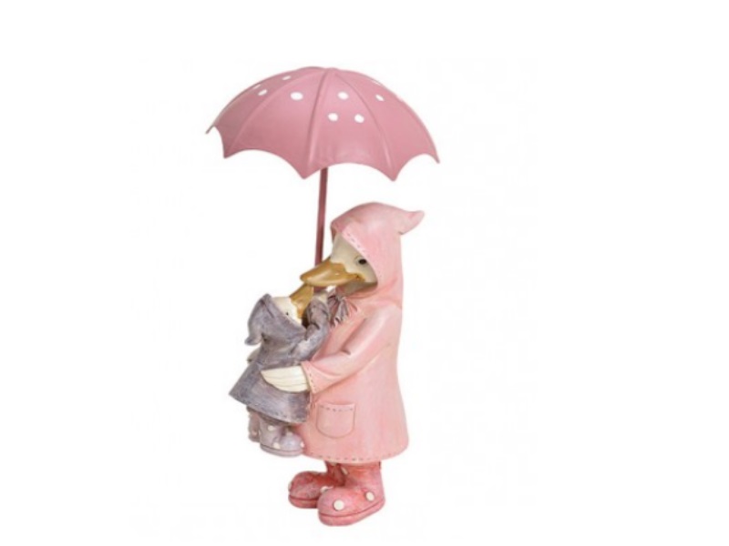 Deko Figur Entenmutter mit Küken und Regenschirm aus Poly/Metall rosa B7xH14xT6c